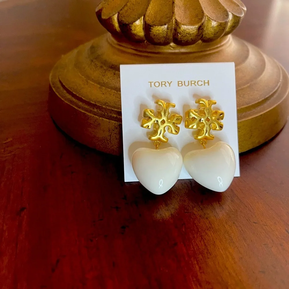Tory Burch Gold and Cream Heart Earrings - Picture 1 of 2